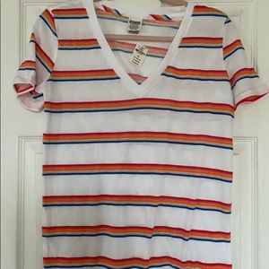 Victorias Secret PINK Size Small V-Neck Short Sleeve T-Shirt White Striped